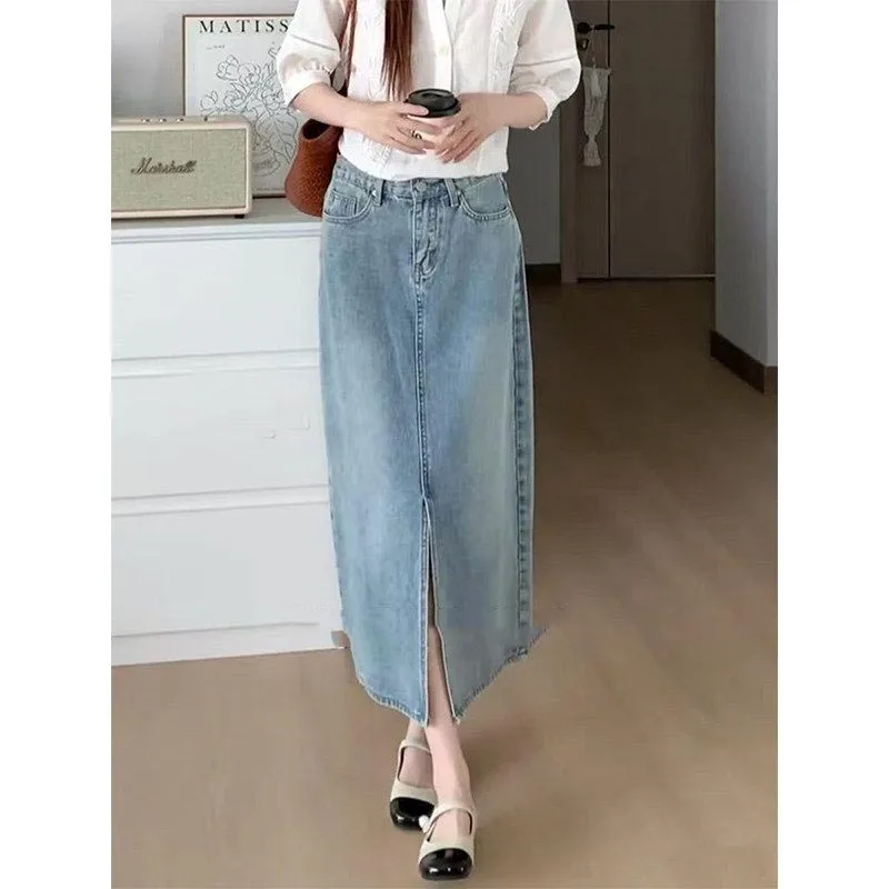 

Summer New High-waist Slit Denim Skirt For Women Washed Retro A- line Skirt Hip-covering Straight Long Skirt