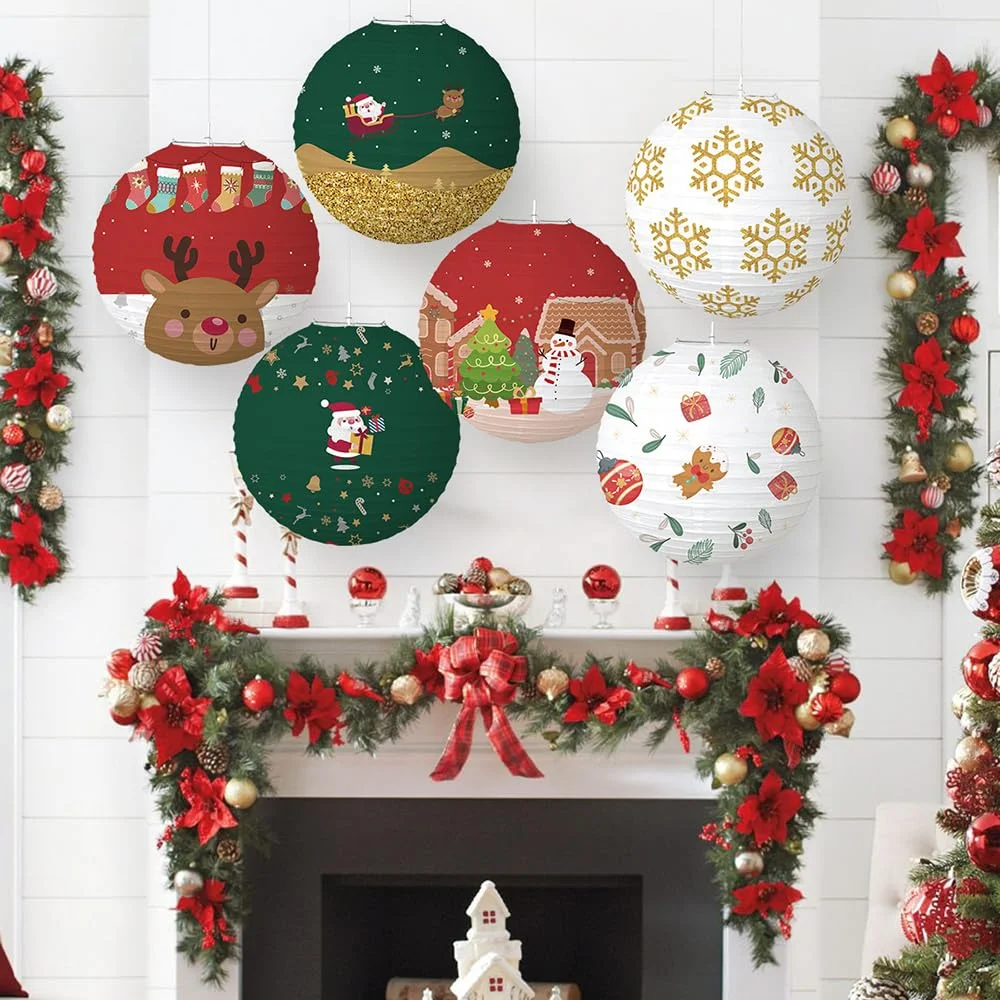 

6pcs Christmas Hanging Paper Lanterns Set for Outdoor Indoor Classroom Birthday Graduation Party Decorations Santa Snowman Moose