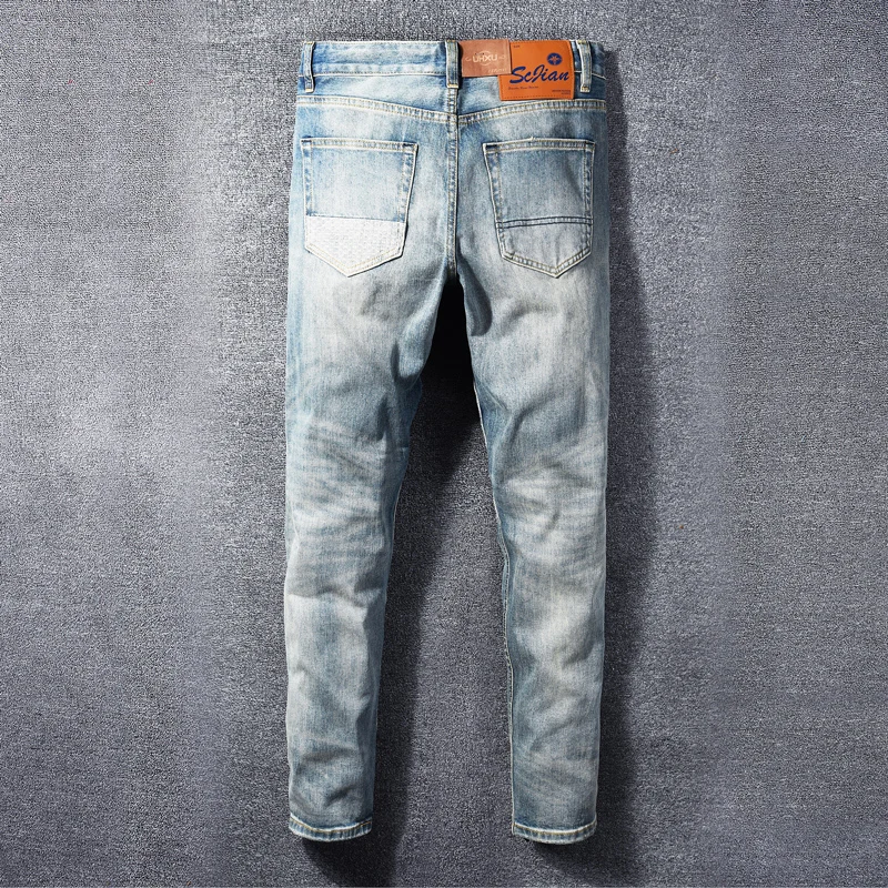 Designer Fashion Men Jeans High Quality Retro Light Blue Straight Fit Patched Ripped Jeans Men Y2K Vintage Denim Pants Hombre