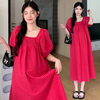 임산부 코튼 원피스 플러스 사이즈, 반팔 스퀘어 칼라 플러스 사이즈, 출산 A 라인 원피스, 느슨한 임신 드레스, 여름