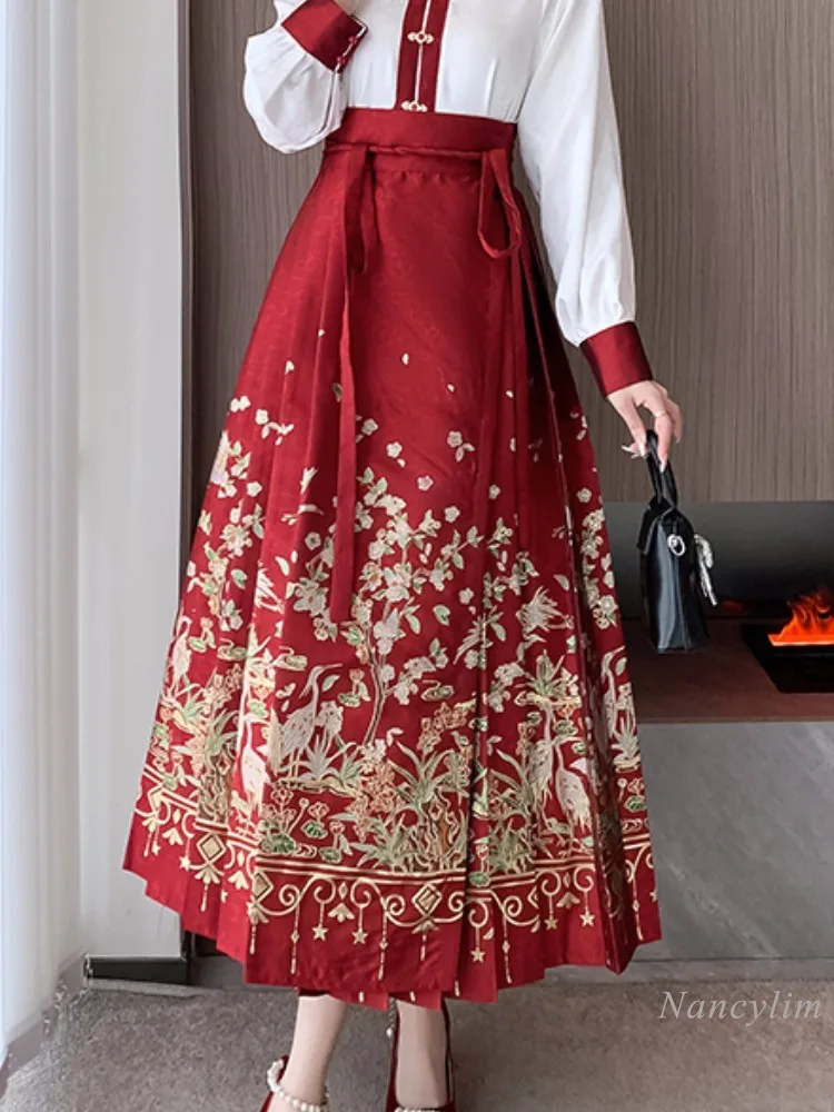 

Red Horse-Face Skirt Wedding Clothes for Women New Chinese National Style Elegant High Waist Skirts Spring Winter patterns jupe