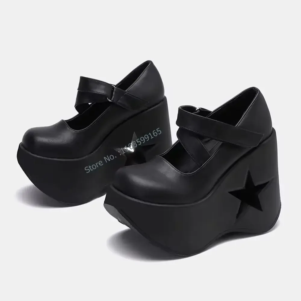 

Pentagram Hollow Out Wedges Pumps Round Toe Thick Soled Platform Hook&loop Mary Jane High Increase Shoes Party Runway Shoes
