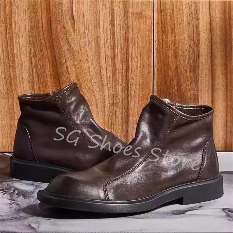 

British Style Retro Round Toe Mid-Calf Boots for Men Handmade Genuine Leather Breathable Chelsea Boots Male Leisure Shoes Flats