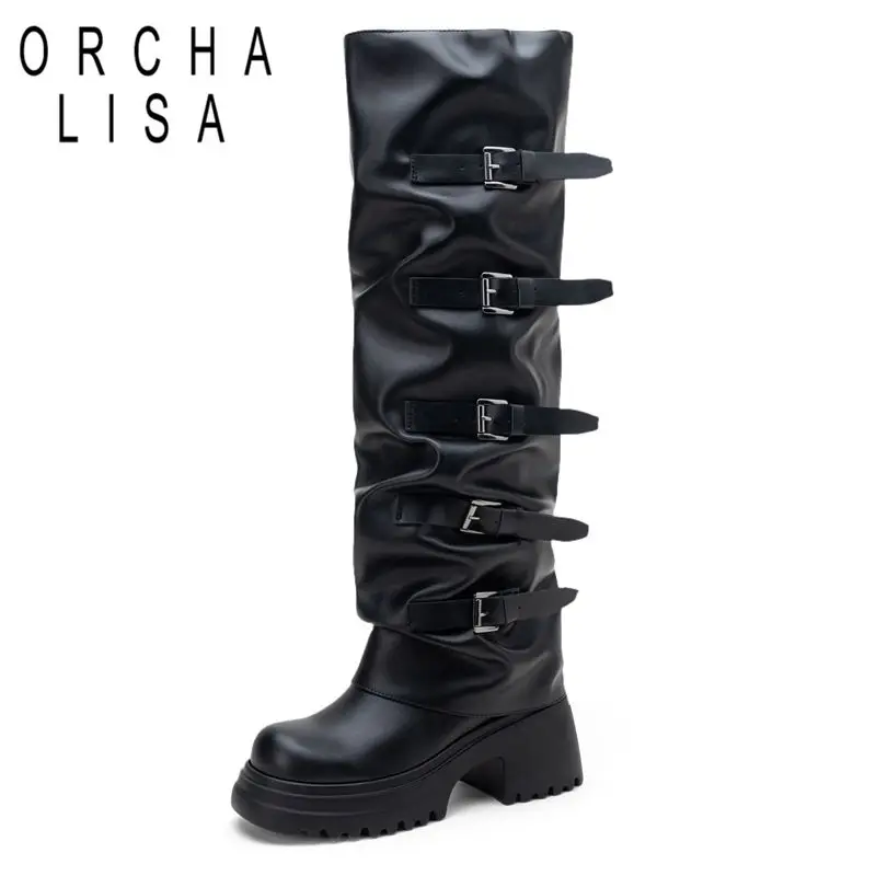 

ORCHA LISA 2025 Модные сапоги выше колена с квадратным носком и блочным каблуком 7,5 см. Платформа без шнуровки с пряжками на ремне, большой размер 43 44 45 Party Bota