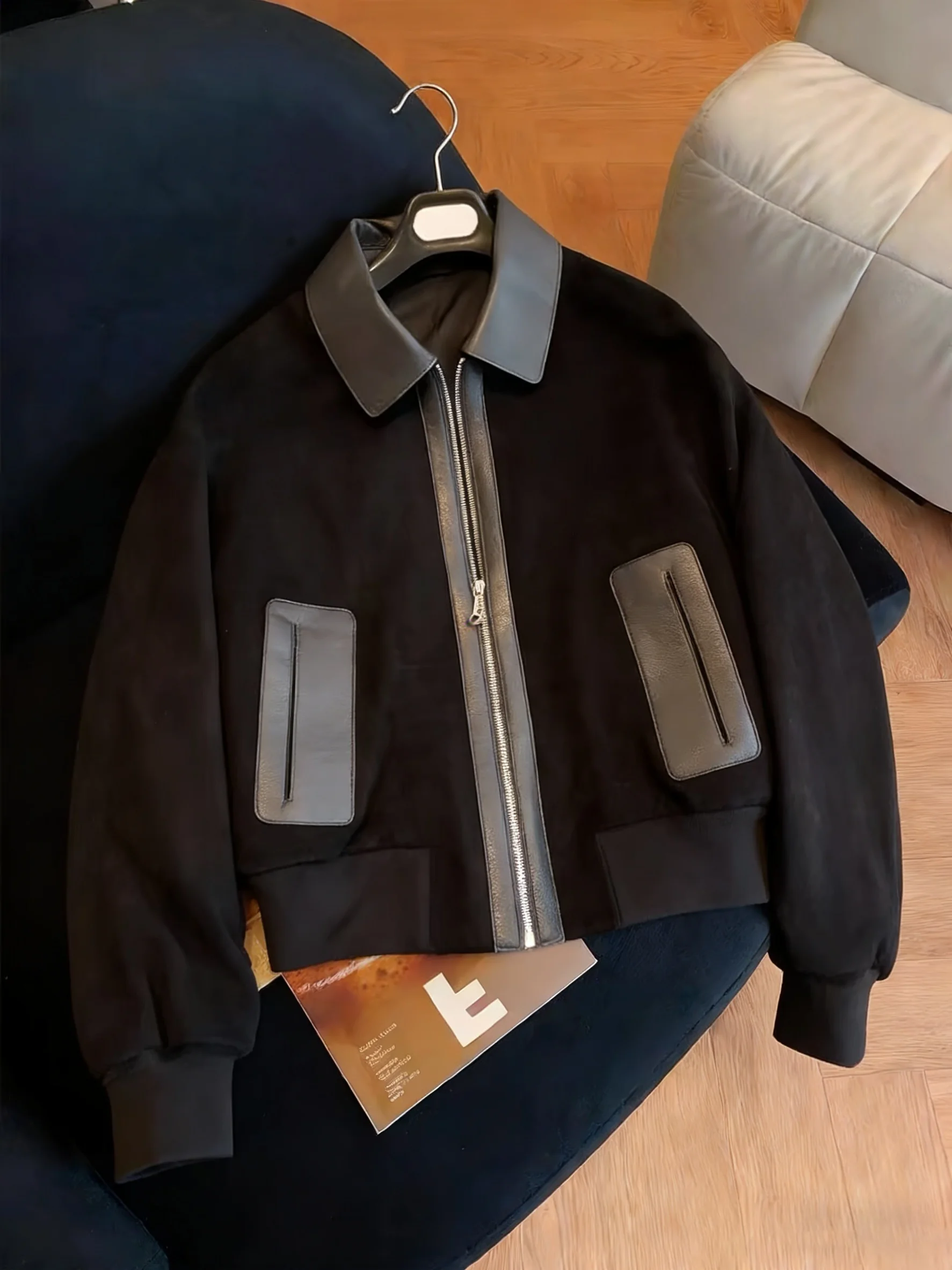 

Retro Heavyweight Bla Leather Patchwork Collar Jaet Loose Casual Versatile Spring Autumn ex Faionable Outerwear