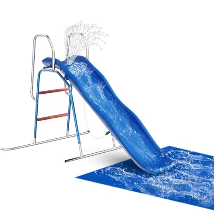 

Backyard water slide for kids: PVC material, blue color, 3-zone spray sprinkler and ground tarp for safe outdoor summer water f