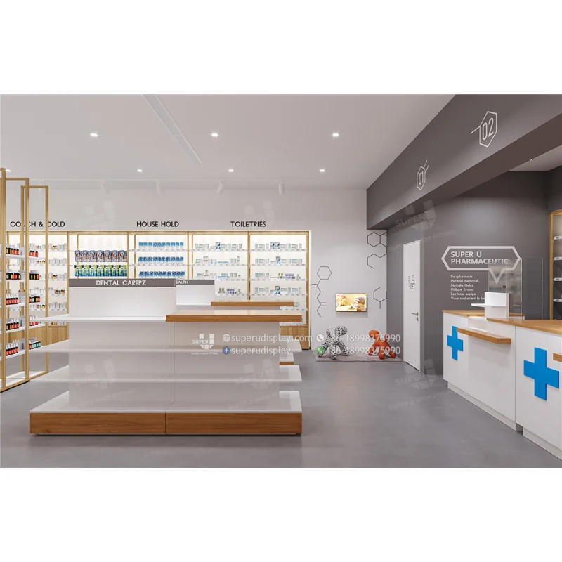 Mostrador de recepción de farmacia al por menor, muebles personalizados, Mostrador de exhibición de farmacia, escaparate, mostrador de recepción médica