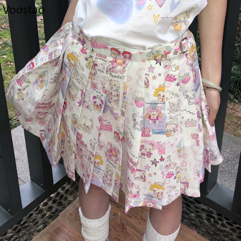 

Sweet Y2k Lolita Mini Skirt Women Casual Kawaii Cartoon Print High Waist Skirts Japanese Girls Harajuku Cute JK Pleated Skirt