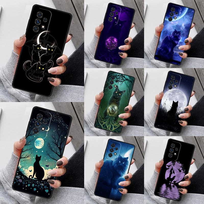 Witches Cat Moon Phone Case For Samsung Galaxy S23 S21 S20 FE S24 S22 Ultra Note20 S10 S9 S8 Plus A40 A52 A12 A13 A53