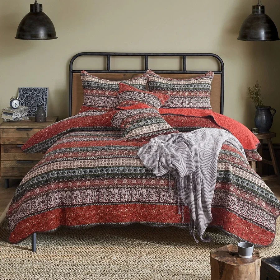 Bohemia Print Quilt Set 3-Piece Cotton Bedspread for Bed with 2 Pillowcase King Queen Size Summmer Blanket on Bed Coverlet