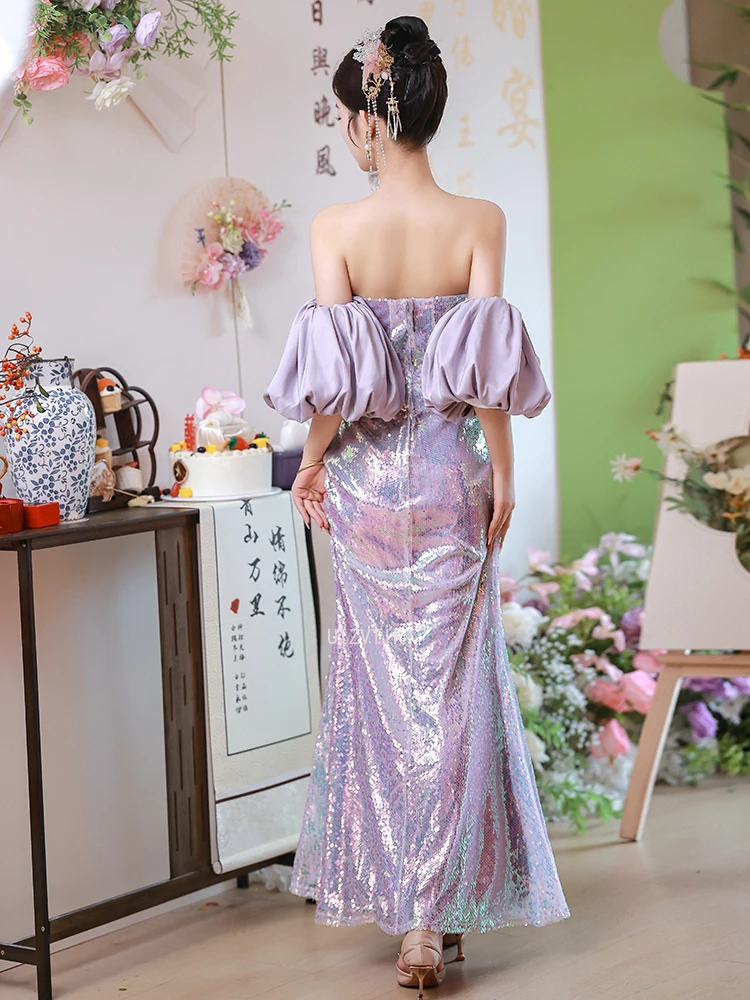 스팽글 인어 긴 이브닝 드레스 여성 우아한 오프 숄더 퍼프 슬리브 백리스 웨딩 파티 드레스 Vestidos De Noche