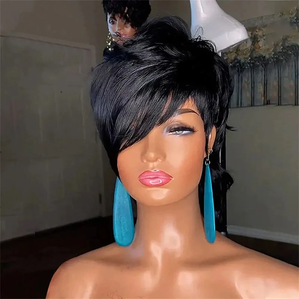 Mullet Wigs Short Pixie Cut Wigs for black Women Full Machine Made Wig With Bangs Dovetail Straight Highlight Real Human Hair