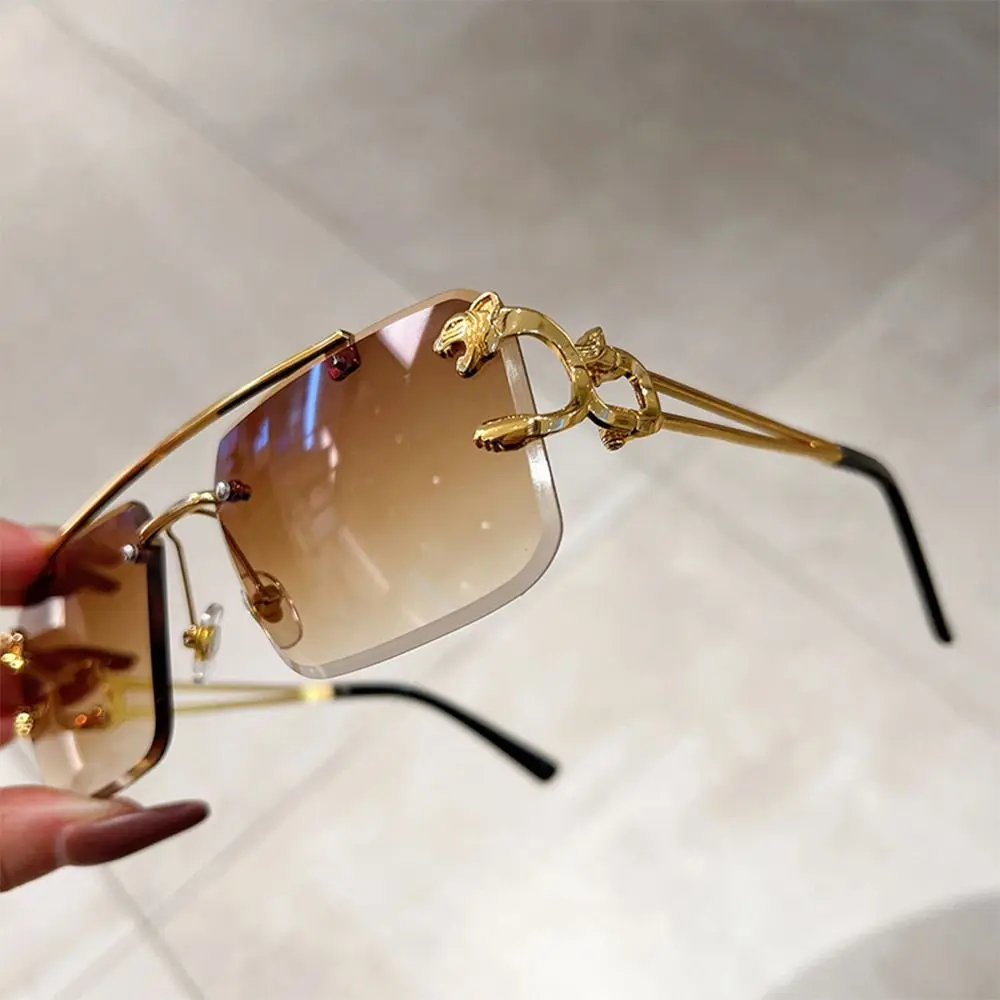 New Double Bridge Rimless Sunglasses Metal UV400 Cheetah Decor Sun Glasses Gradient Eyewear for Women & Men