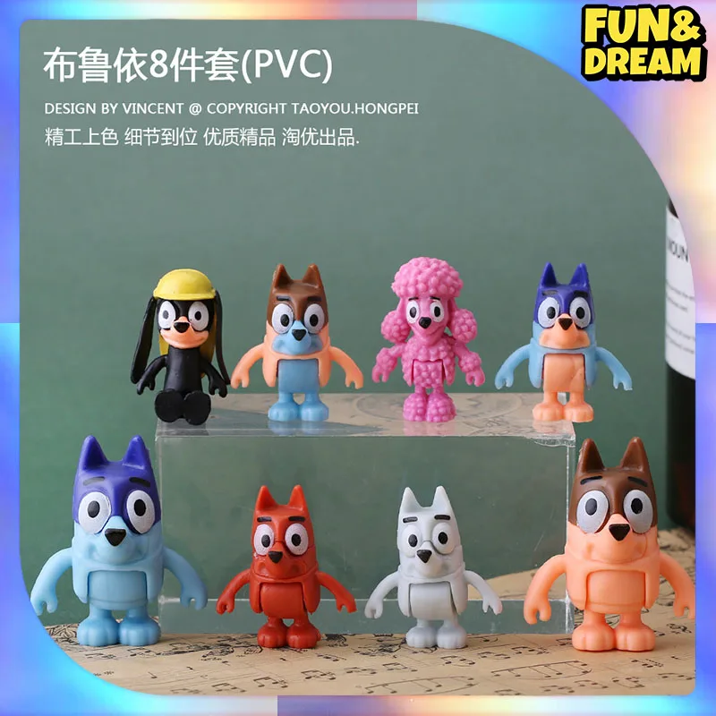 Bluey Model Figures Puppies Bingo Joints Movable Ornaments Children\'S Playhouse Dolls Toys Car Decorations 8-Piece Set