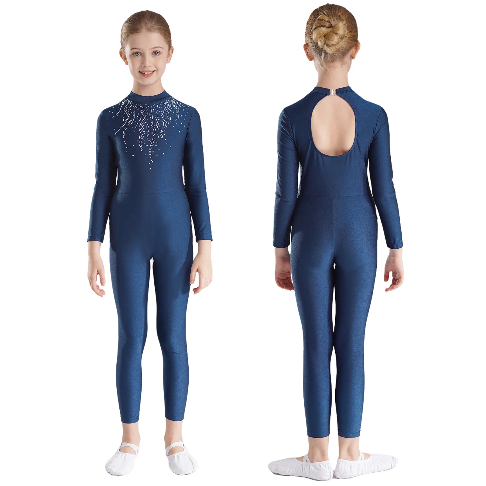 

Gymnastics Jumpsuit Figure Skating Unitard for Kids Girls Glittery Rhinestones Long Sleeve Keyhole Back Dance Leotards Dancewear