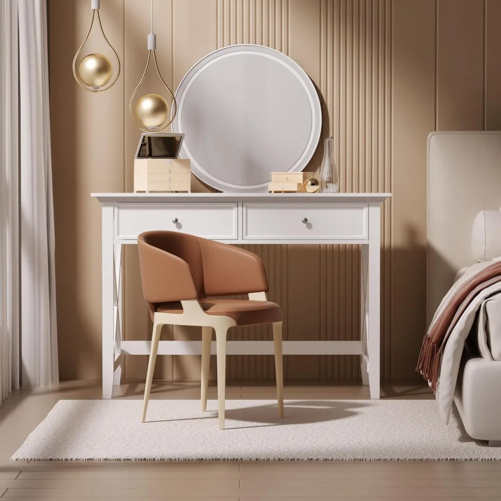 Modern White 42 Long Desk with 2 Drawers, Home Office Writing Desk, Storage Vanity Desk for Study