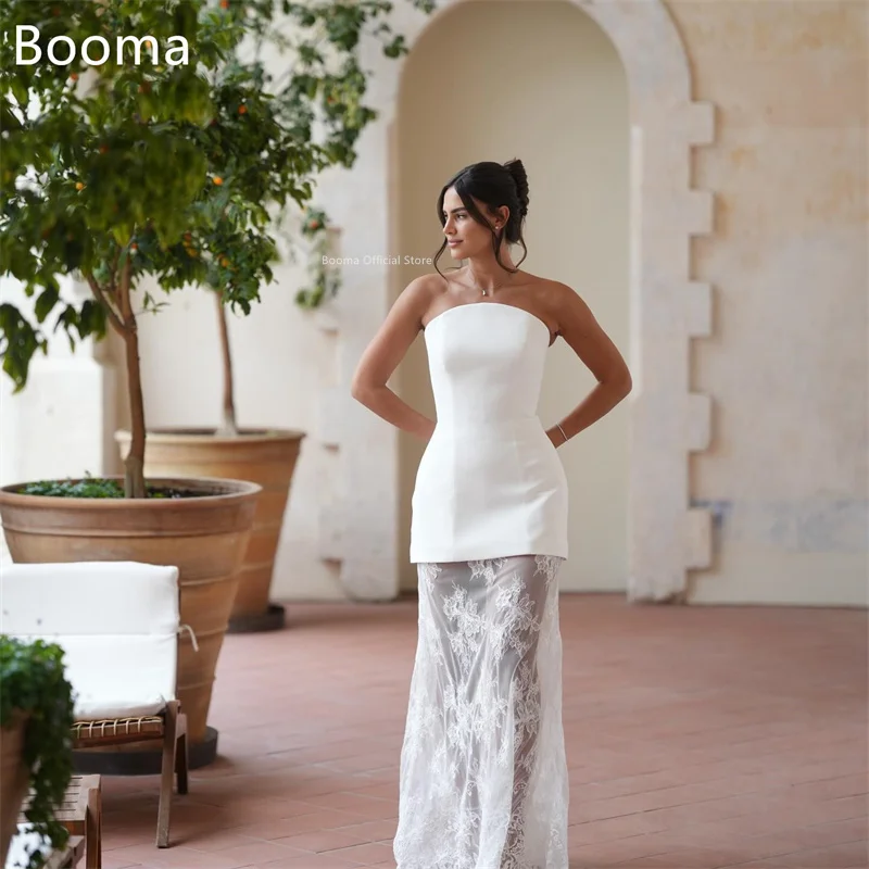 Booma a-line فساتين زفاف أنيقة طويلة طول الأرض بدون حمالات بدون أكمام دانتيل ساتان فستان عرائس بسيط مصنوع حسب الطلب 2025