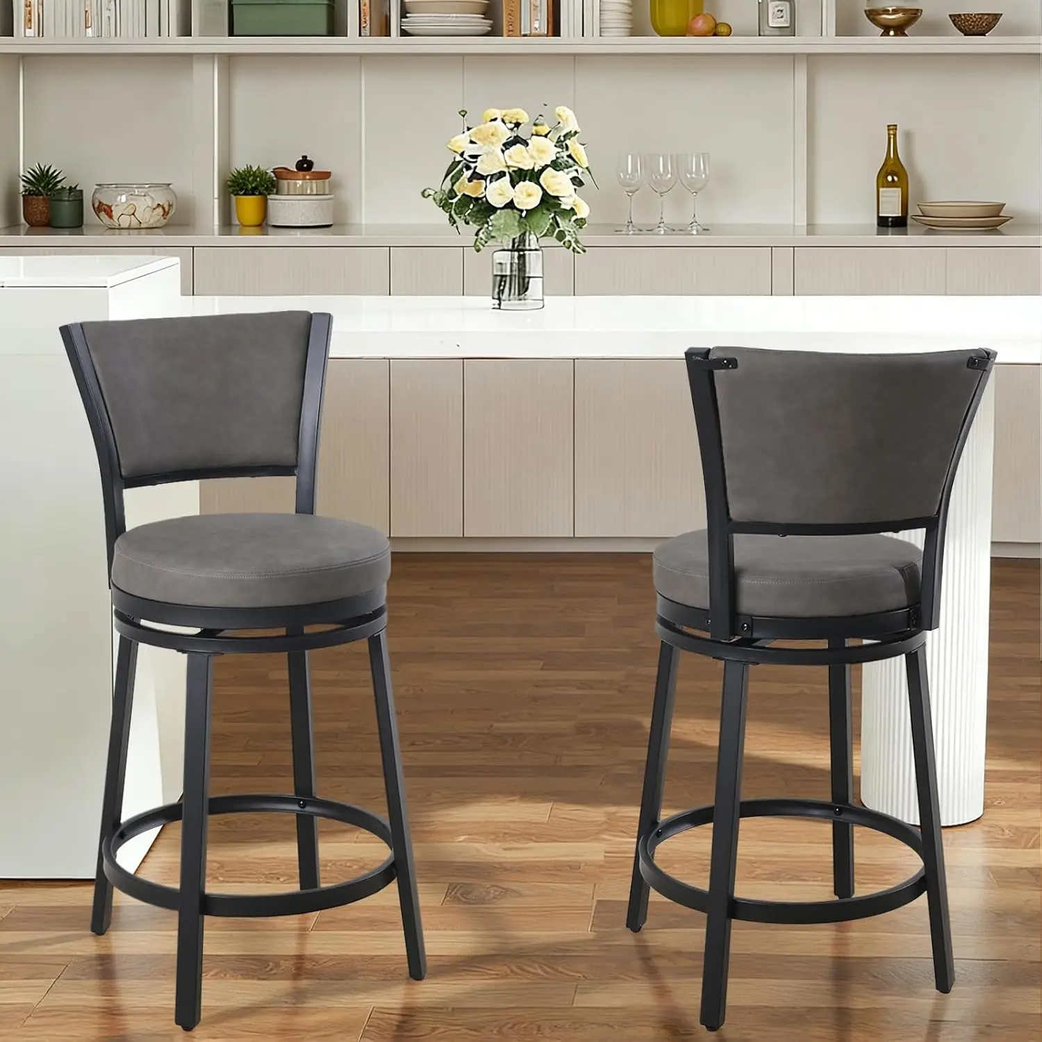 Counter Height Bar Stools Set of 2, 25 Inch Metal Swivel Barstools with Backrest, Modern Faux Leather Upholstered Bar, Custom