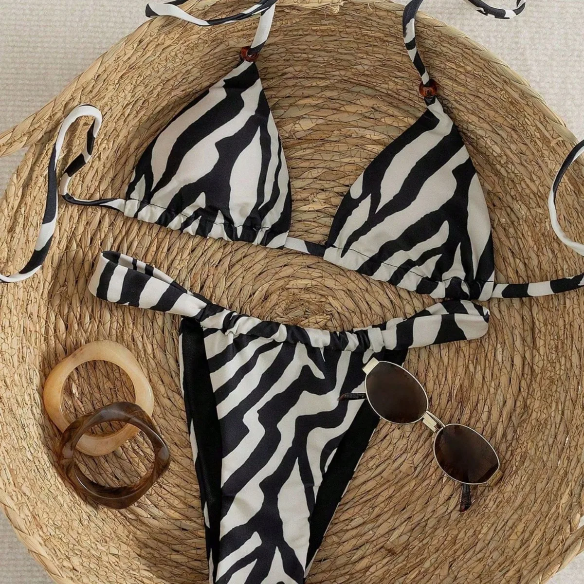 Women Retro Zebra Stripe Print Bikinis Set String Bikini Halter Triangle Side Tie High Cut Swimwear 2 Piece Swimsuits Bathing
