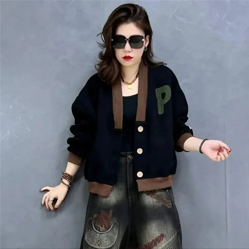 New Sweater Women's 2024 Spring And Autumn Korean Version Of the Coats Splicing Female Loose Coat Casual Joker Cardigan Overcoat