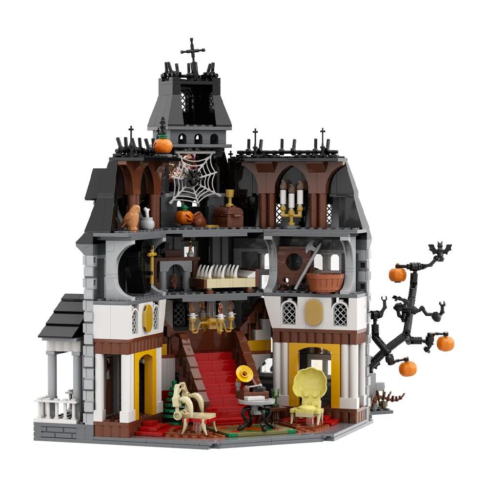MOC Halloween Haunted House Model Building Blocks Borror Pumpkin Tree Haunted Apartment Architecture Brick Toys Adult Gift
