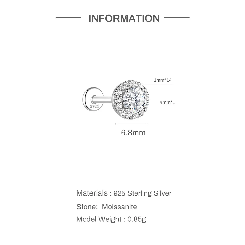 Aide 1 Stück 925 Sterling Silber Moissanit Halo Piercing Ohrstecker mit Schraubverschluss, rund, für Knorpel, 2-4 mm, für Damen und Herren – Detail 17