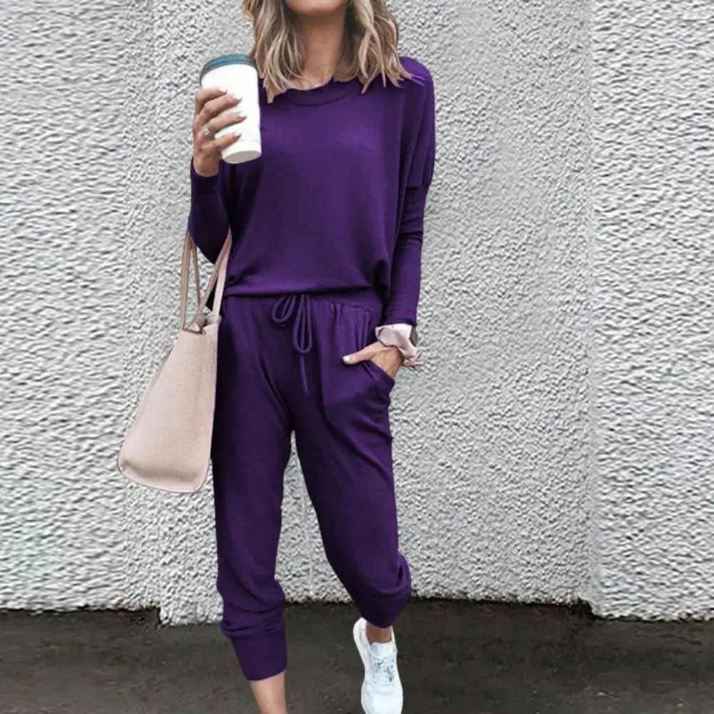 Damski dres solidny Crewneck dresy sportowe jesień ciepły sznurkiem Casual bluzy z długim rękawem i spodnie dwa kawałki zestawy