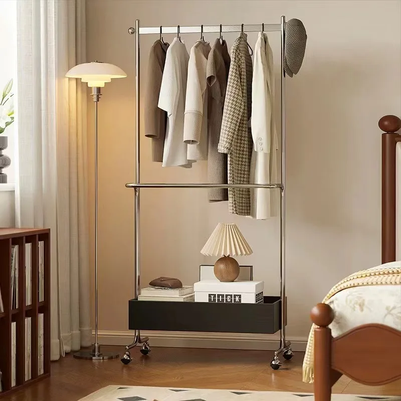 

Stainless steel solid wood hanger coat rack medieval simple floor removable can be stored high-end household bedroom