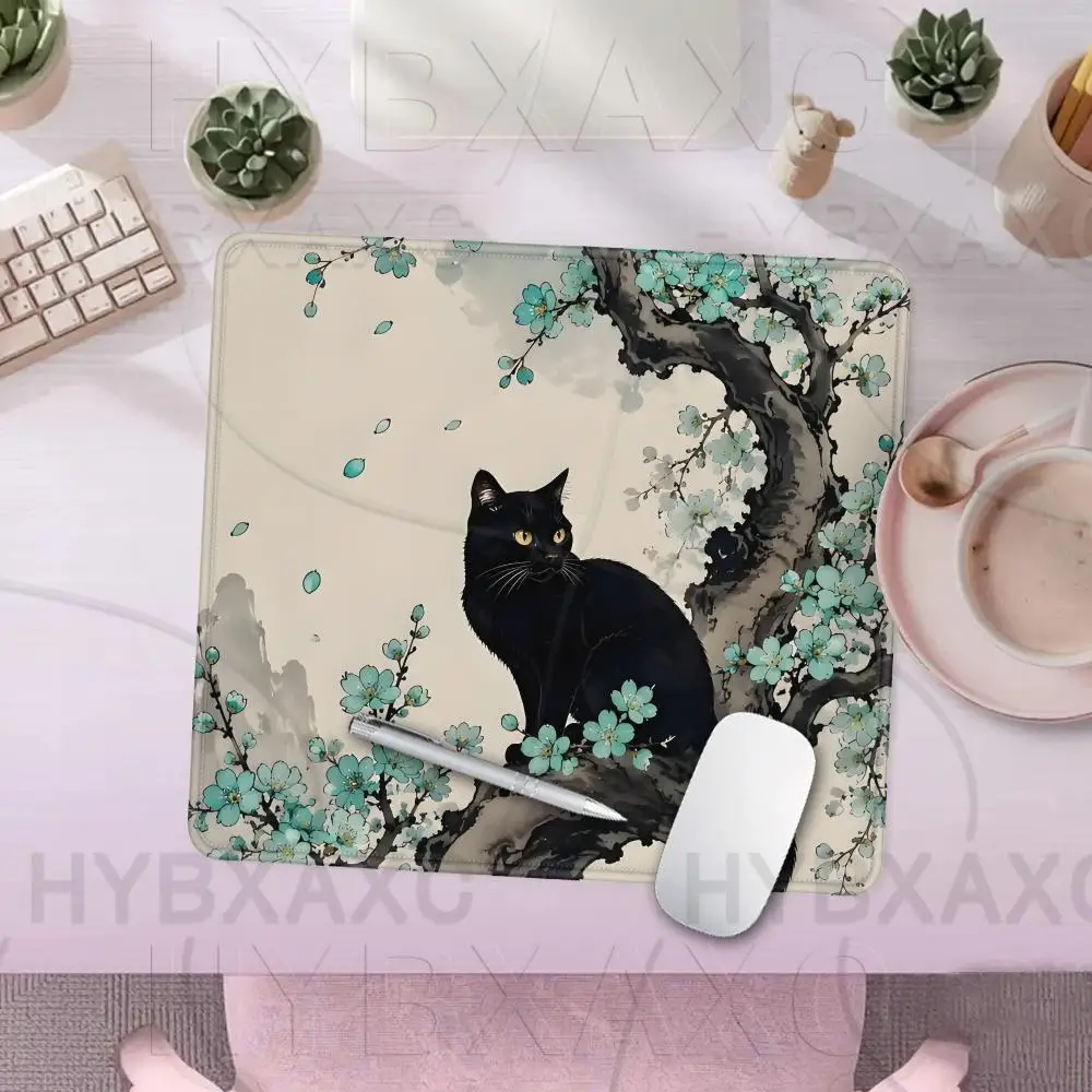 Black Cat Sakura Mouse Pad Large Square Computer Office Game Table Mats XS Japanese Cherry Blossom Tree Style Painting Desk Mat