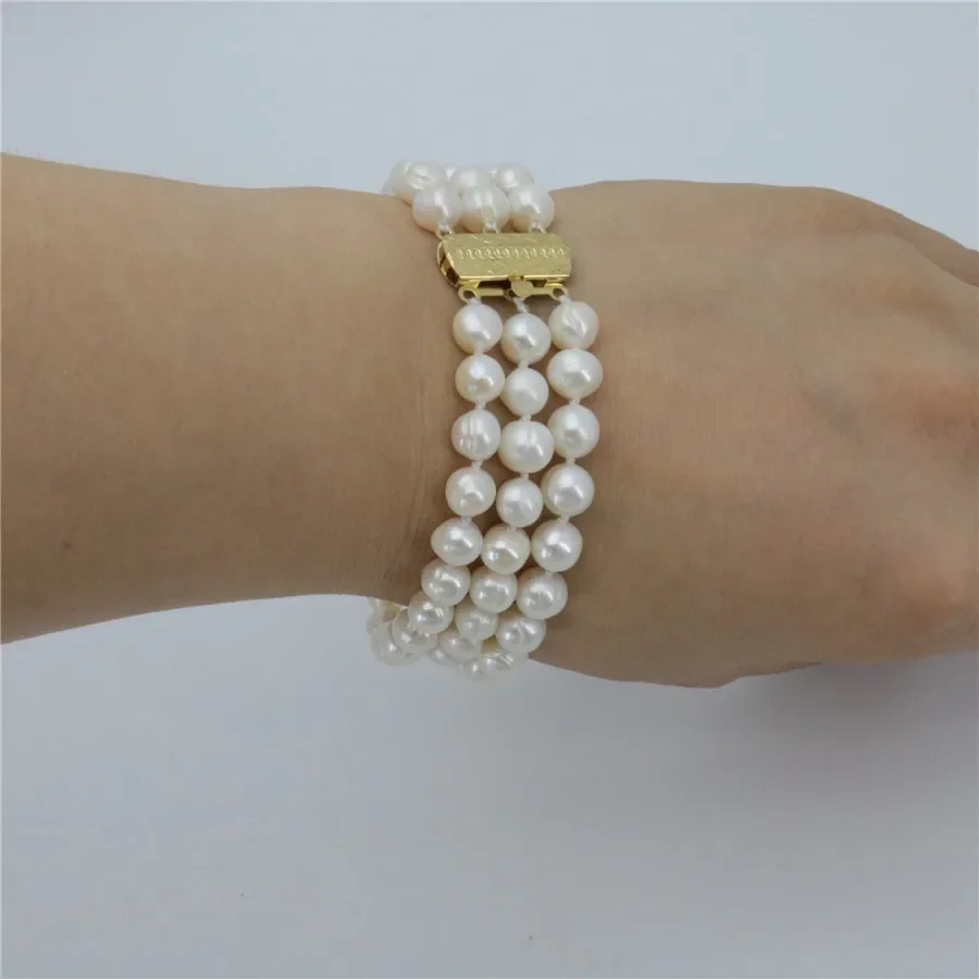 new Style Graceful 3 rows 7-8mm white freshwater pearl bracelet beads jewelry Natural stone 7.5