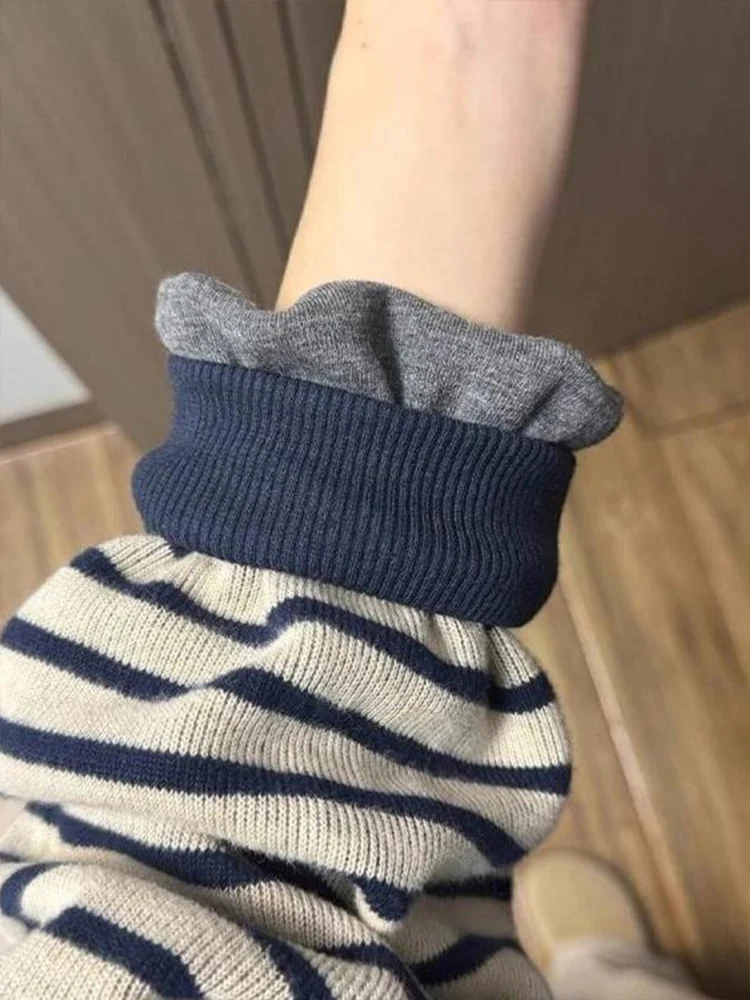 

Chic Knitted Fce-lined Loose Round-ne Sweater Women's Autumn Winter Faion Soft Cozy Base Layer Top Striped Pattern