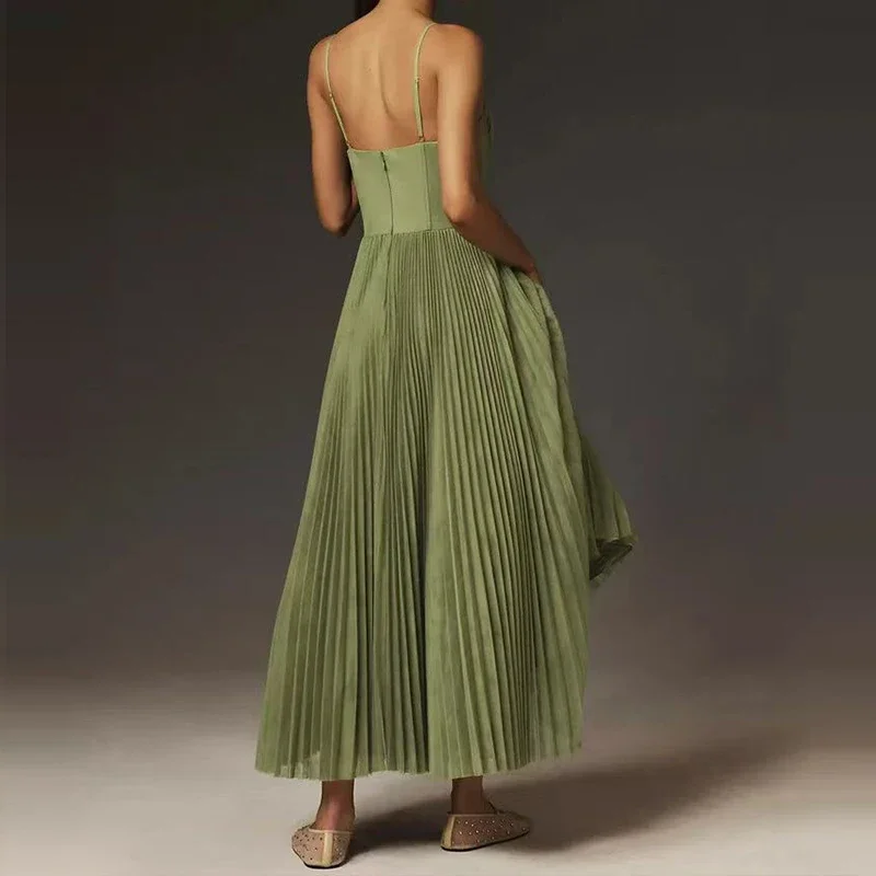 Female Hollow Backless Bridesmaid Dress Spring High Street Solid Girdling Pleat Long Dress Elegant Women Solid Tube Tops Dress
