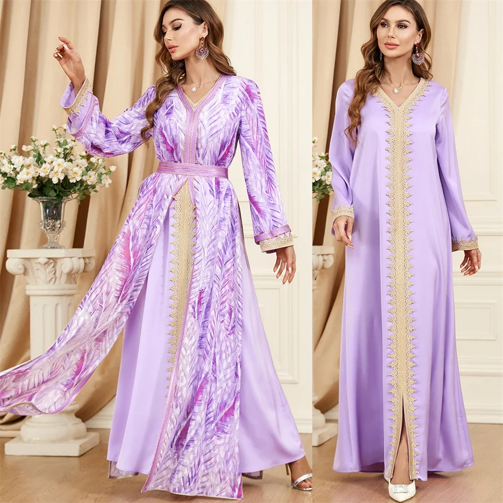 Muslim Women Print Abaya 2 Piece Set Long Maxi Dress Turkey Gulf Jalabiya Split Hem Kafftan Islam Eid Party Gown Morocco Vestido