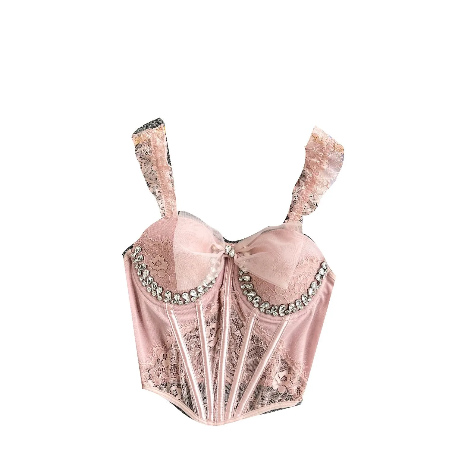 Beadings Pleated Mesh Sexy Lady Corset Irregular Design Shell Shape Sweet Bustier Elegant Camiso Party Events Women Crop Top
