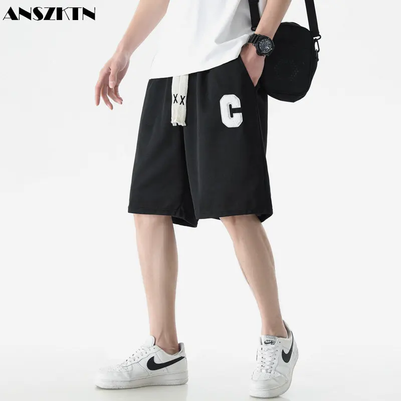 ANSZKTN Men's summer trend loose basketball pants solid color everything casual sports beach pants letter five cent shorts