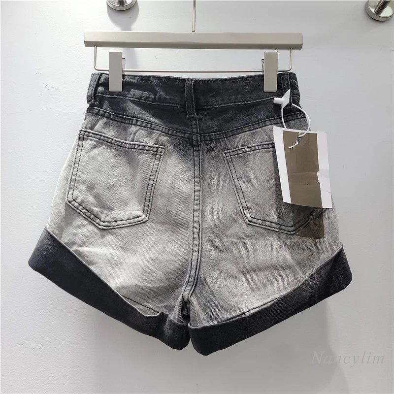 Gradient Color Curling Denim Shorts Women's Summer 2024 New High Waist Wide Leg Slimming Hot Pants