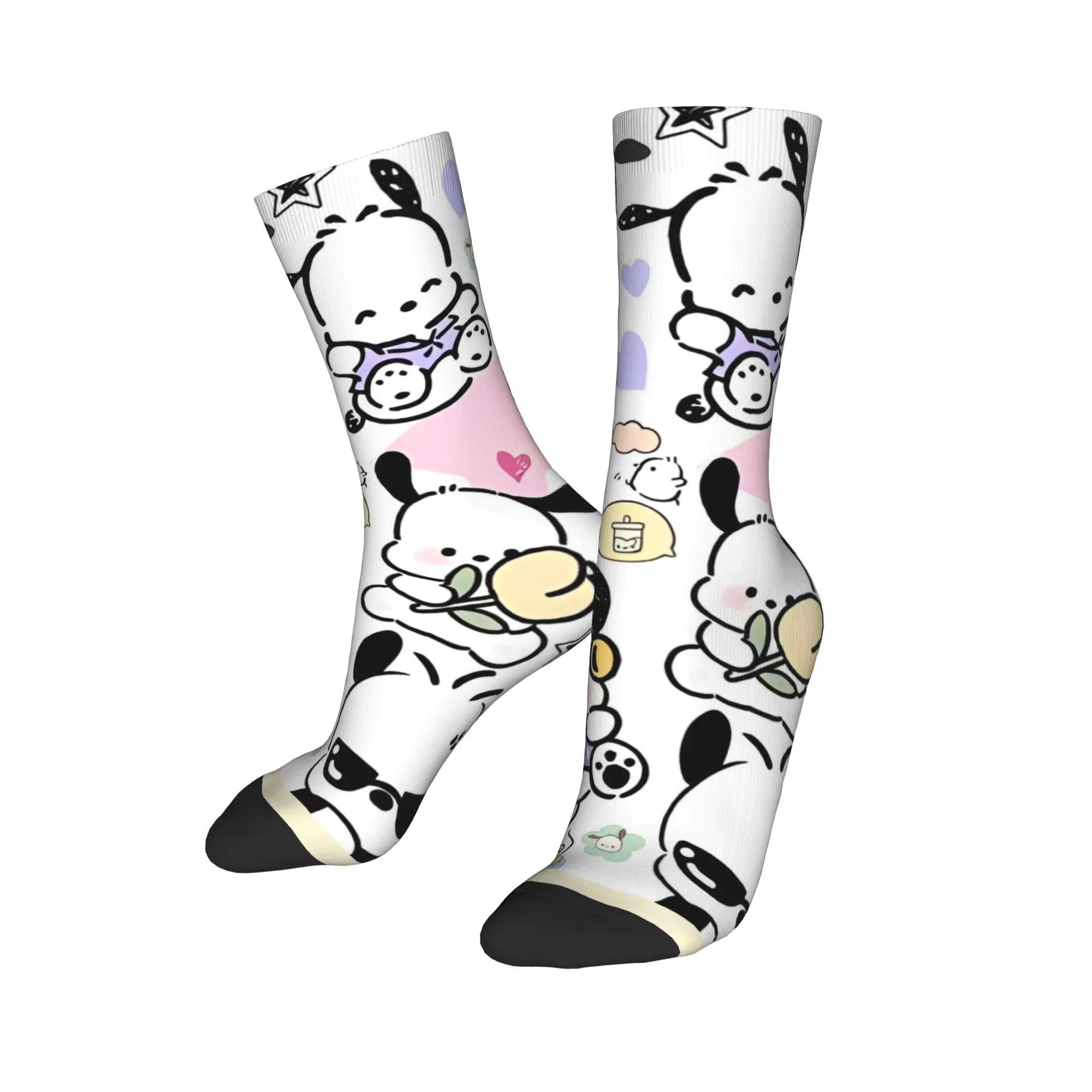 Retro Sanrio Pochacco Backside Logo Tee Football Socks  Polyester Long Socks for Women Men Non-slip