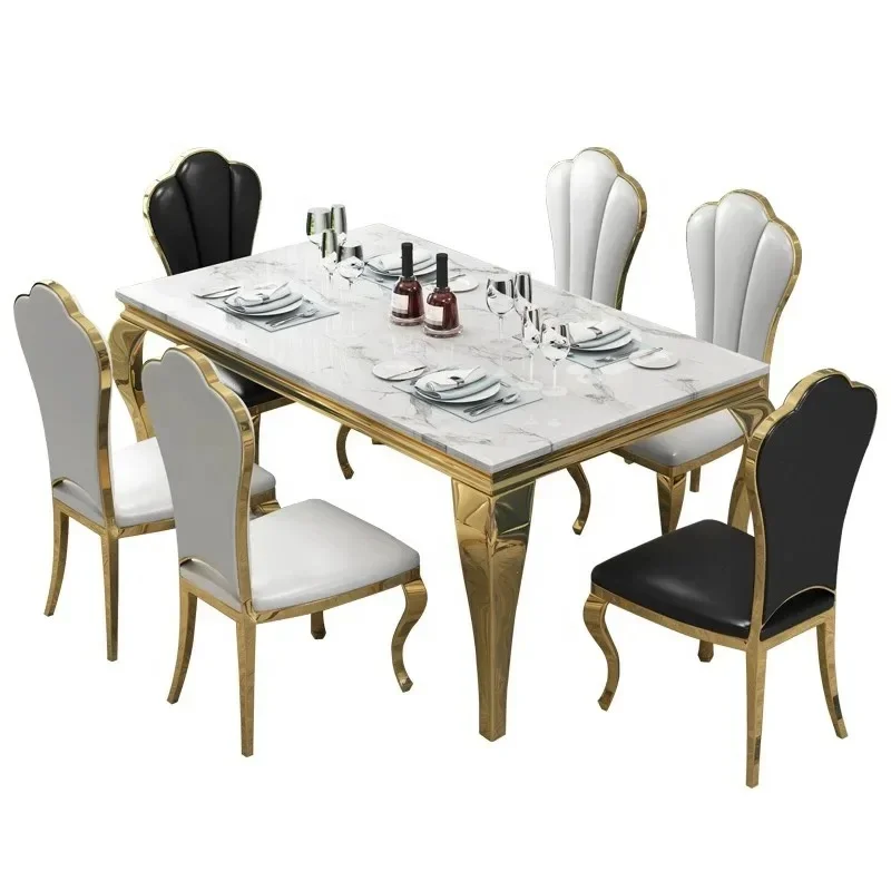 Modern luxury royal white marble gold stainless steel dining table with 6 chairs set living dinning room furniture designer