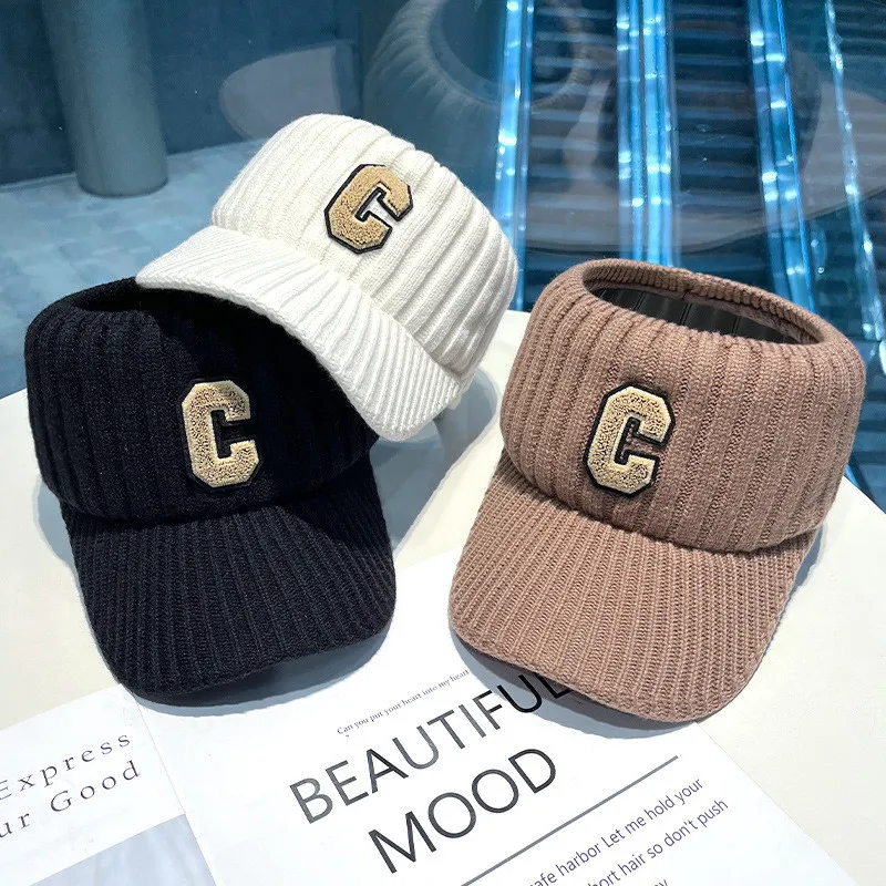 C letter sports hat Unisex winter men solid striped visor hats Outdoor casual knitted hat Crochet topless caps with plush