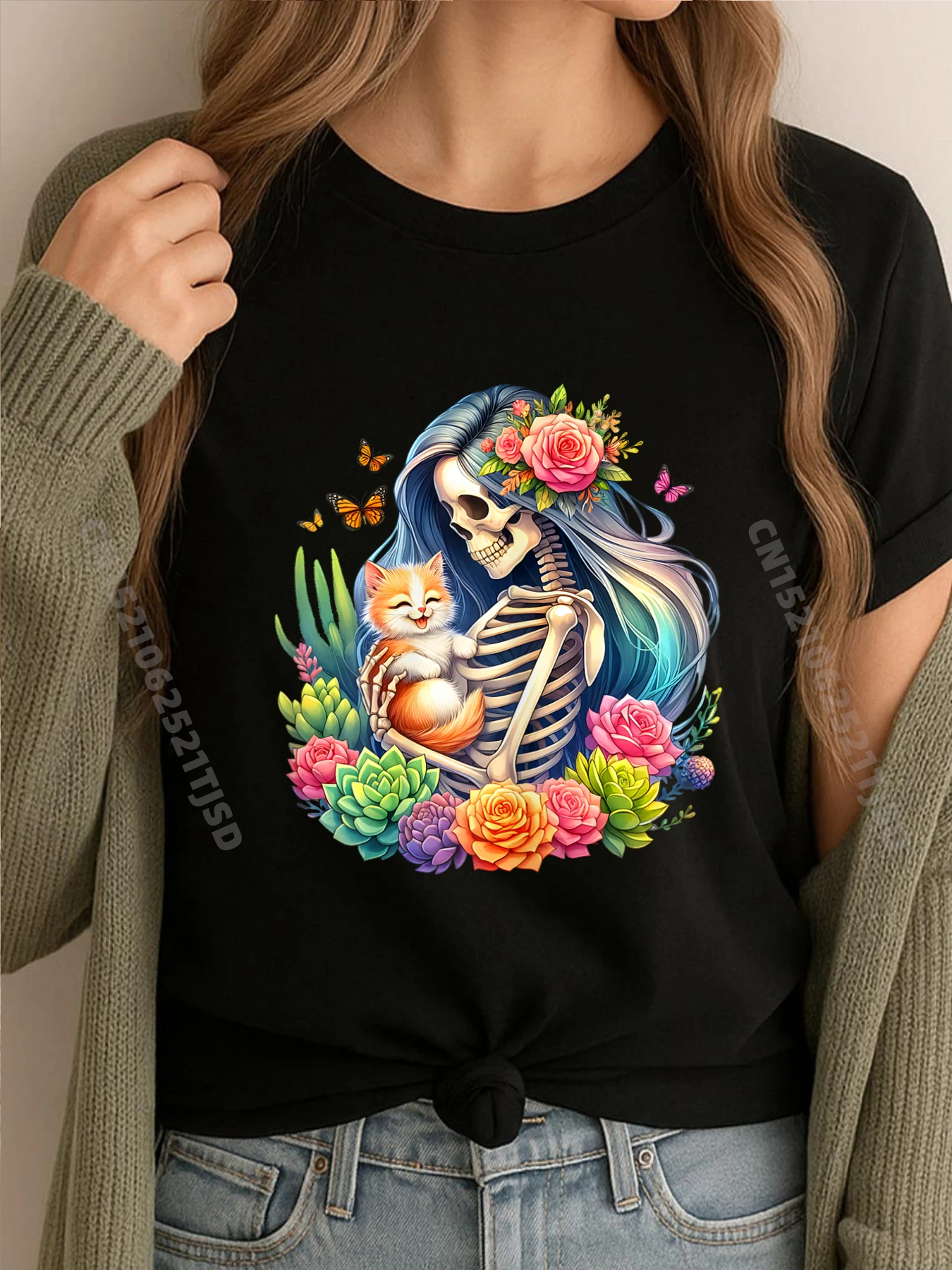 

Женский скелет, котенок, кошка, любитель суккулентов, забавные футболки на Хэллоуин, мужские футболки, потертые футболки