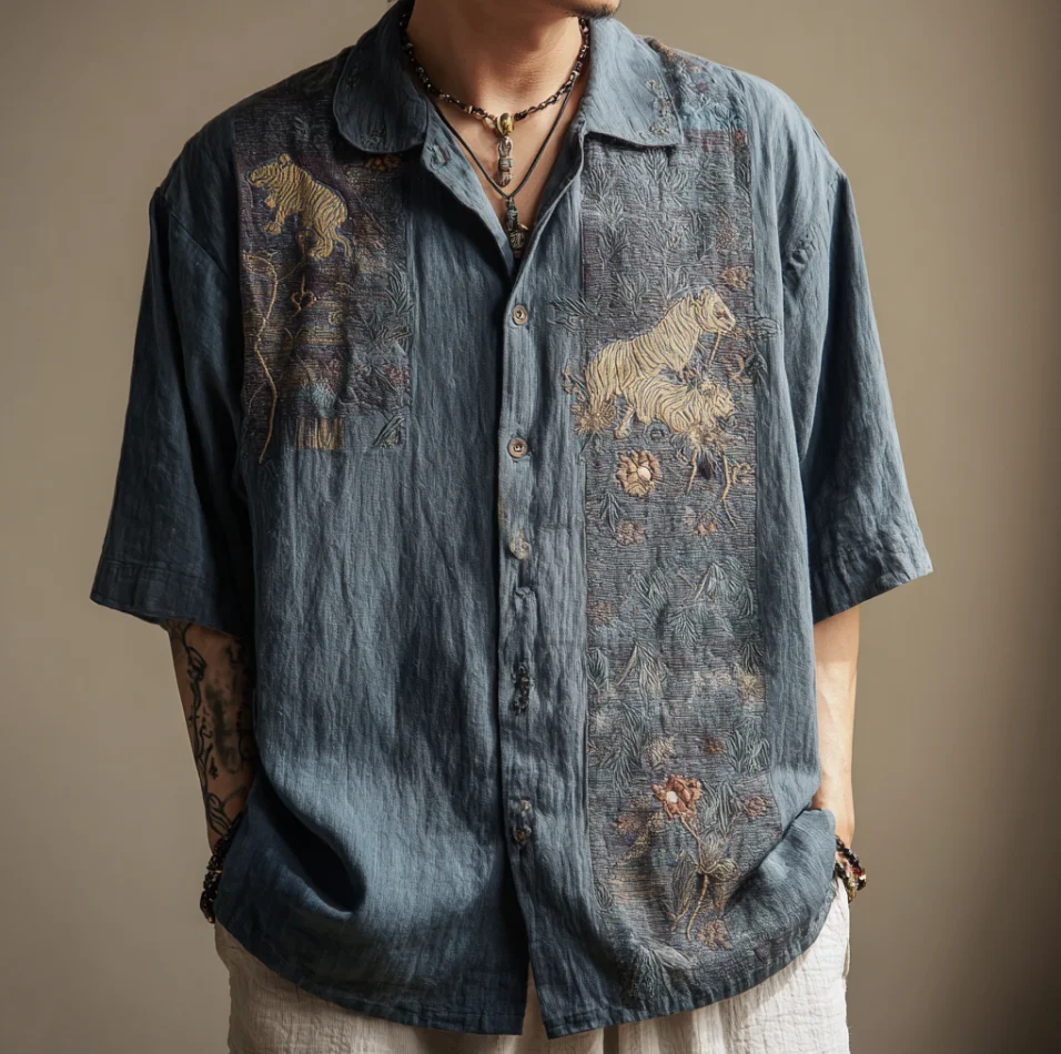

Hawaiian Men's Linen Short Sleeve Octopus Printed Casual Shirt Holiday Style Beach Top Summer Short Sleeve Oversized Shirt