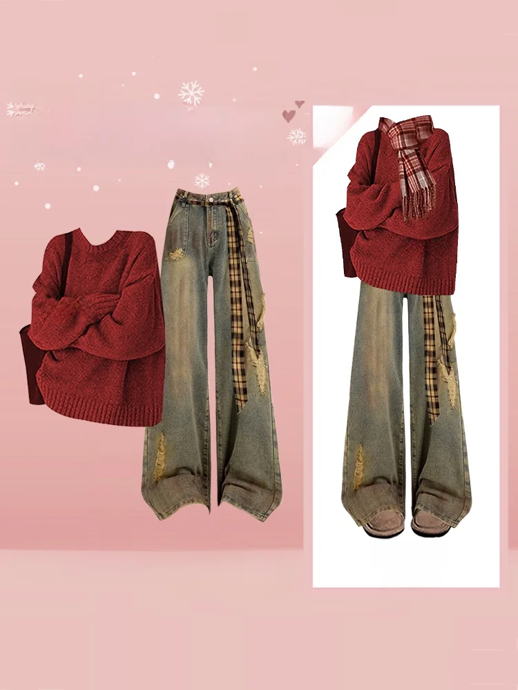 

Retro Knitted Sweater High Waist Wide Leg Jeans Slimming Set High Faion Loose Fit Winter Women's Ensemble Long Sve