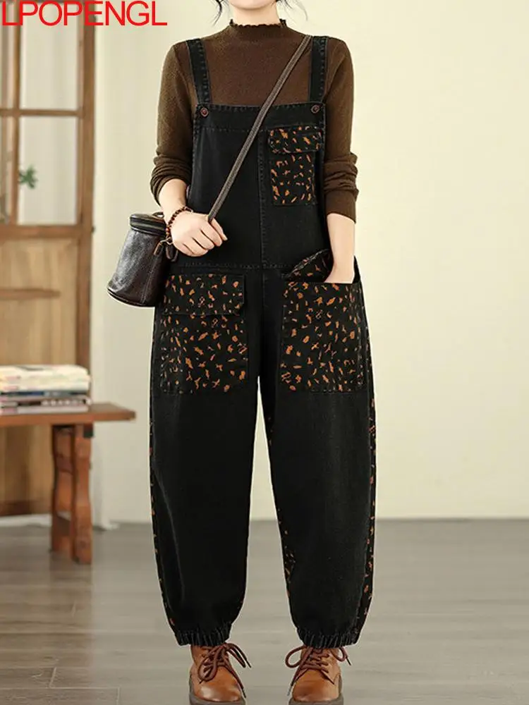 

Retro Printed Printing Denim Jumpsuit Spring 2026 Women Fashionable Distressed Streetwear Color Blocked Large Pocket Overalls ﻿