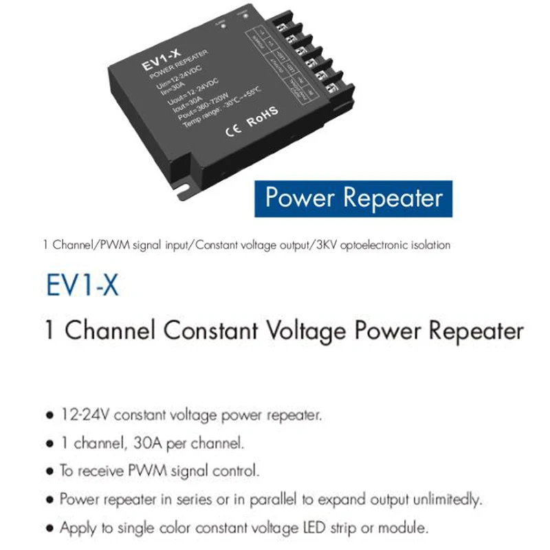 1 Channel Constant Voltage Power Repeater12-24VDC 30.5A Per Channel Apply To Single Color LED Strip or Module