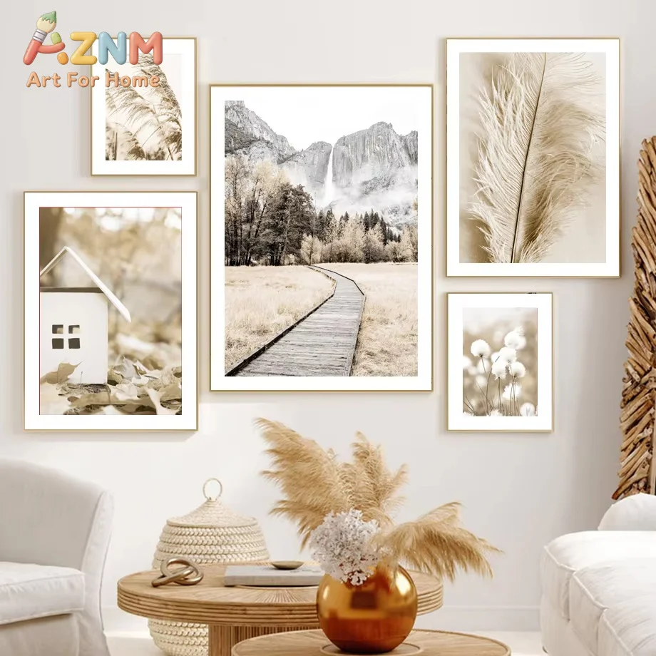 1PC Neutral Boho Nature Wall Art Mural Leopard Mountain Waterfall Pampas Grass Prints Inspirational Quote Canvas Posters Decor