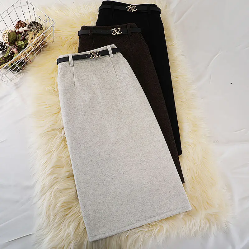 

2023 Women Autumn Winter Fashion Thick Warm Woolen Skirts Female Solid Color Long Skirts Ladies Slim Split Pencil Skirts Y594