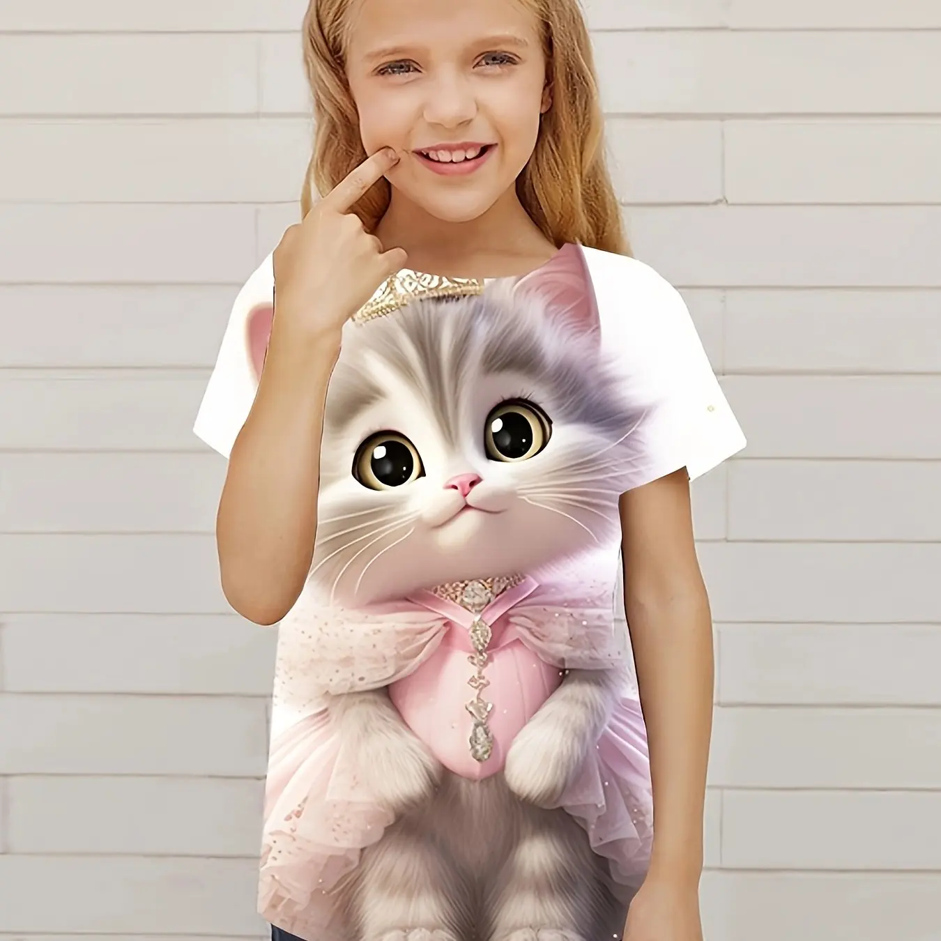 Children\'s Clothing Cute 3D Cat Graphic Print Short Sleeve Tops Kids Clothes T-Shirt Casual Pullover Child Boys Girls Summer