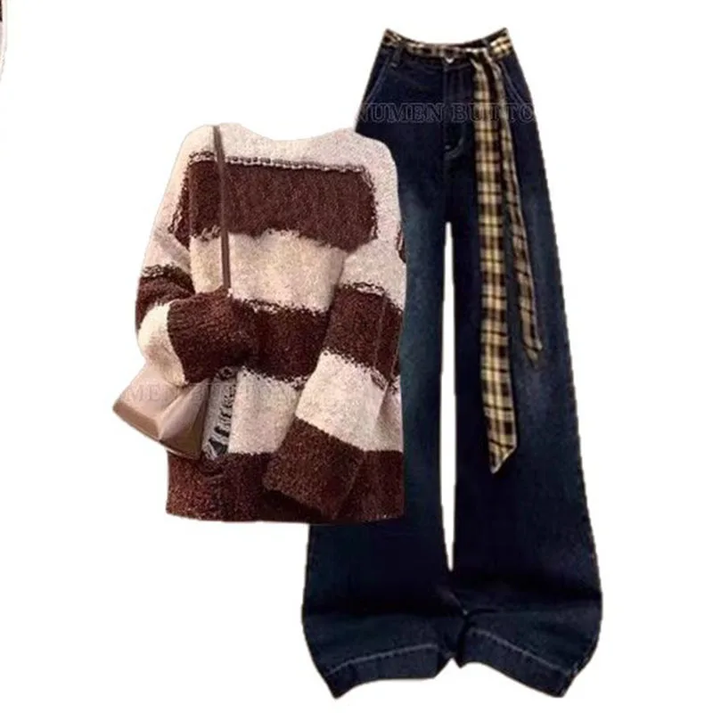 Autumn Light Mature Style Set, Women's Age Reducing Temperament Striped Knitted Sweater, High Waisted Retro Jeans Two-piece Set