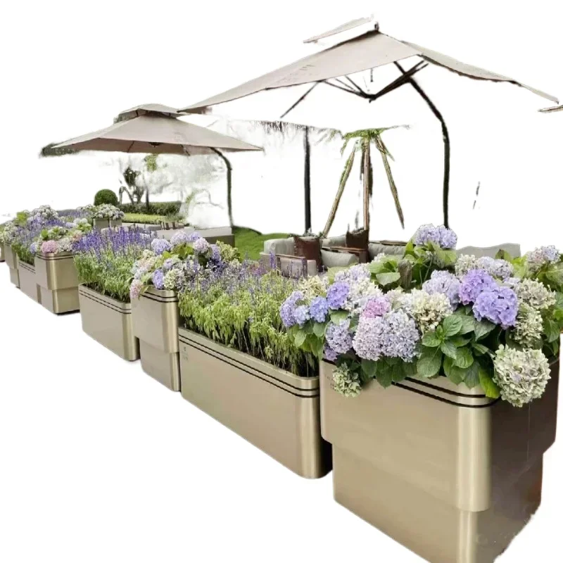 Outdoor stainless steel flower box combination, colorful flower utensils, municipal road guardrail square flower garden