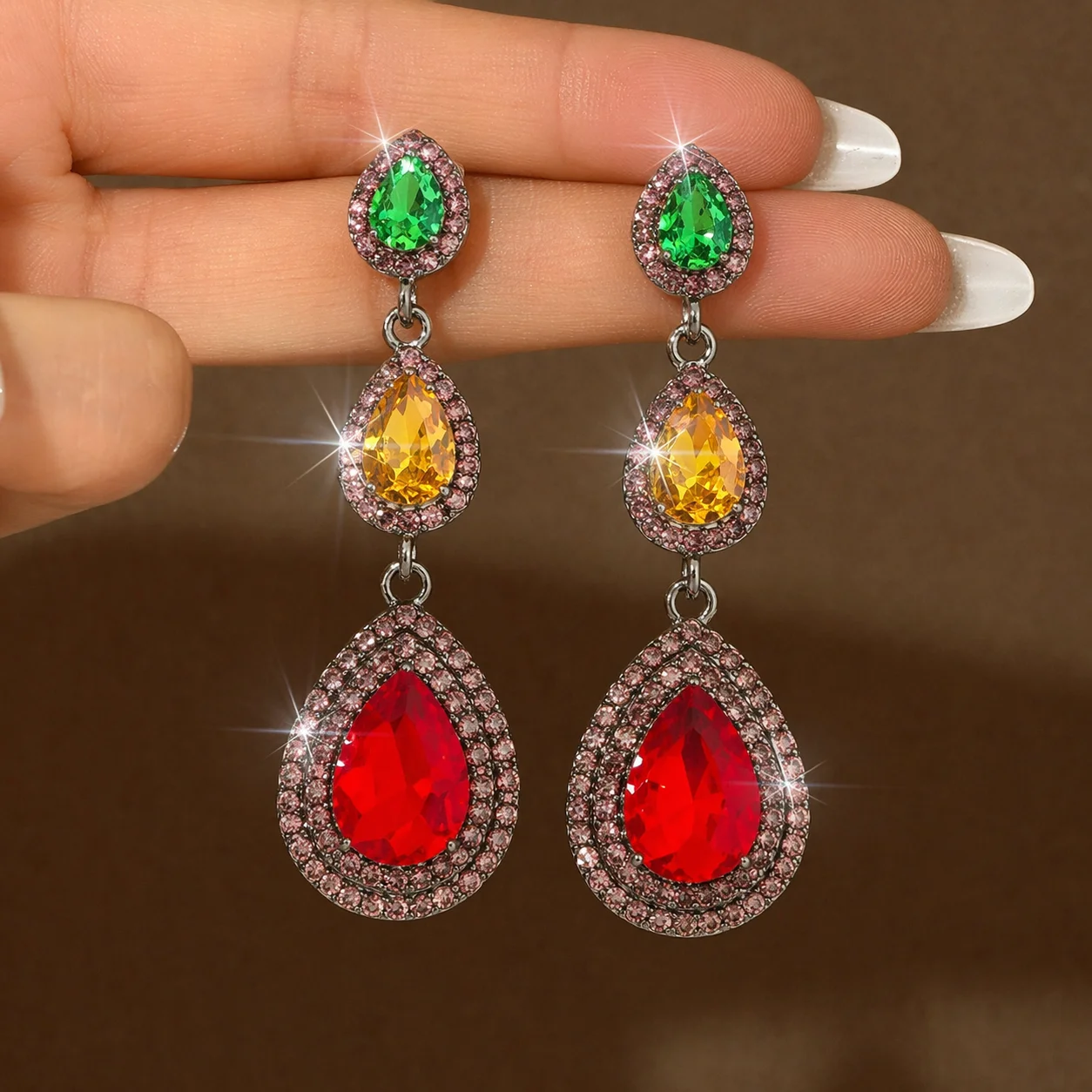 Three Piece Water Droplet Colored Diamond Earrings for Women's Styling Earrings for Dinner Dress Matching
